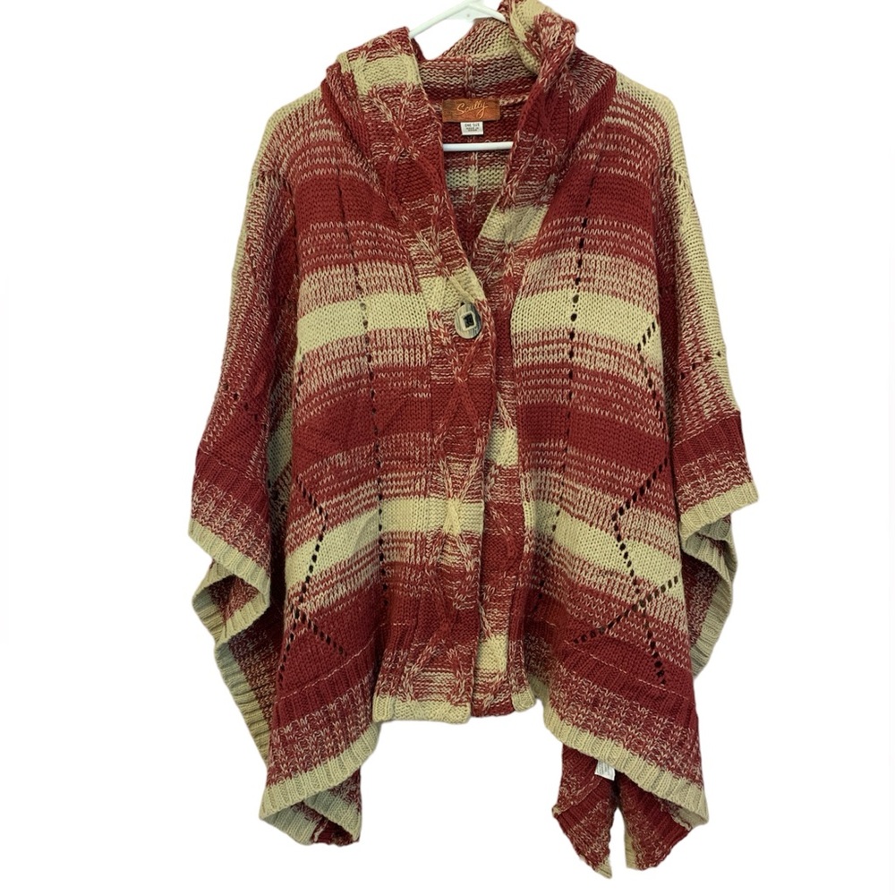 “One Size” Burgundy and Tan Wool Blend Poncho Cardigan Boho Stripes